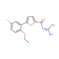 CCOc1ccc(Cl)cc1-c1ccc(C(=O)N=C(N)N)o1 ZINC000013642728
