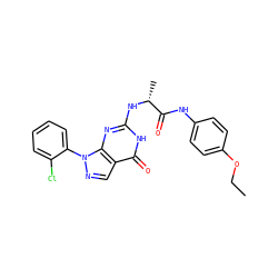 CCOc1ccc(NC(=O)[C@@H](C)Nc2nc3c(cnn3-c3ccccc3Cl)c(=O)[nH]2)cc1 ZINC000095572740