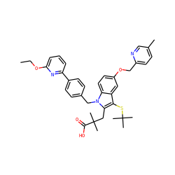 CCOc1cccc(-c2ccc(Cn3c(CC(C)(C)C(=O)O)c(SC(C)(C)C)c4cc(OCc5ccc(C)cn5)ccc43)cc2)n1 ZINC000073142314