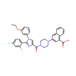 CCOc1cccc(-n2cc(C(=O)N3CCN(c4cc(C(=O)O)c5ccccc5c4)CC3)nc2-c2ccc(F)cc2F)c1 ZINC000042851807
