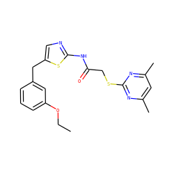 CCOc1cccc(Cc2cnc(NC(=O)CSc3nc(C)cc(C)n3)s2)c1 ZINC000653702266