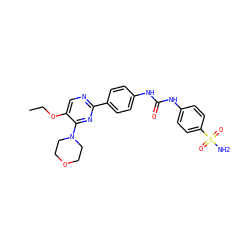 CCOc1cnc(-c2ccc(NC(=O)Nc3ccc(S(N)(=O)=O)cc3)cc2)nc1N1CCOCC1 ZINC000205770416