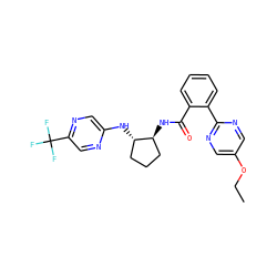 CCOc1cnc(-c2ccccc2C(=O)N[C@H]2CCC[C@@H]2Nc2cnc(C(F)(F)F)cn2)nc1 ZINC001772601979