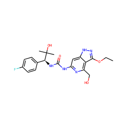 CCOc1n[nH]c2cc(NC(=O)N[C@@H](c3ccc(F)cc3)C(C)(C)O)nc(CO)c12 ZINC001772612344