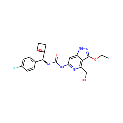 CCOc1n[nH]c2cc(NC(=O)N[C@@H](c3ccc(F)cc3)C3(O)CCC3)nc(CO)c12 ZINC001772651721