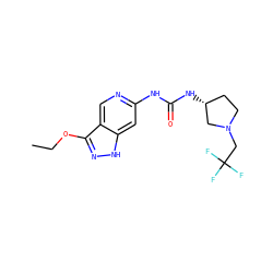 CCOc1n[nH]c2cc(NC(=O)N[C@@H]3CCN(CC(F)(F)F)C3)ncc12 ZINC001772649702