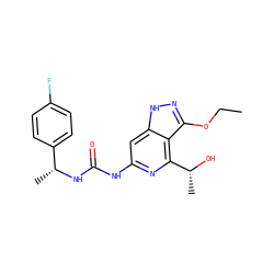 CCOc1n[nH]c2cc(NC(=O)N[C@H](C)c3ccc(F)cc3)nc([C@@H](C)O)c12 ZINC001772640835
