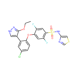 CCOc1n[nH]cc1-c1cc(Cl)ccc1Oc1cc(F)c(S(=O)(=O)Nc2cscn2)cc1F ZINC000095583374