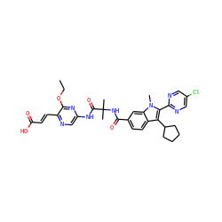 CCOc1nc(NC(=O)C(C)(C)NC(=O)c2ccc3c(C4CCCC4)c(-c4ncc(Cl)cn4)n(C)c3c2)cnc1/C=C/C(=O)O ZINC000299861027