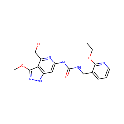 CCOc1ncccc1CNC(=O)Nc1cc2[nH]nc(OC)c2c(CO)n1 ZINC001772573141