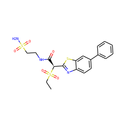 CCS(=O)(=O)[C@@H](C(=O)NCCS(N)(=O)=O)c1nc2ccc(-c3ccccc3)cc2s1 ZINC000145473884