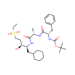 CCS(=O)(=O)CC[C@H](O)[C@H](CC1CCCCC1)NC(=O)[C@H](C)NC(=O)[C@H](Cc1ccccc1)NC(=O)OC(C)(C)C ZINC000029464592