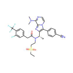 CCS(=O)(=O)CCN(C(=O)Cc1ccc(C(F)(F)F)c(F)c1)[C@@H](C)c1nc2c(N(C)C)nccn2c1-c1ccc(C#N)cc1 ZINC000049695116