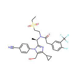 CCS(=O)(=O)CCN(C(=O)Cc1ccc(F)c(C(F)(F)F)c1)[C@H](C)c1nc(C2CC2)c(CO)n1-c1ccc(C#N)cc1 ZINC000029129119