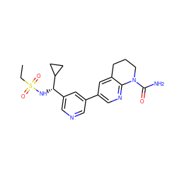 CCS(=O)(=O)N[C@@H](c1cncc(-c2cnc3c(c2)CCCN3C(N)=O)c1)C1CC1 ZINC001772584112