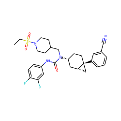 CCS(=O)(=O)N1CCC(CN(C(=O)Nc2ccc(F)c(F)c2)[C@@H]2CC[C@]3(c4cccc(C#N)c4)C[C@@H]3C2)CC1 ZINC000028650079
