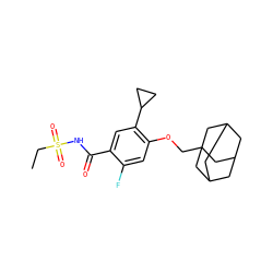 CCS(=O)(=O)NC(=O)c1cc(C2CC2)c(OCC23CC4CC(CC(C4)C2)C3)cc1F ZINC000225220395