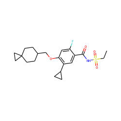 CCS(=O)(=O)NC(=O)c1cc(C2CC2)c(OCC2CCC3(CC2)CC3)cc1F ZINC000261104635