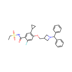 CCS(=O)(=O)NC(=O)c1cc(C2CC2)c(OCC2CN(C(c3ccccc3)c3ccccc3)C2)cc1F ZINC000216269163