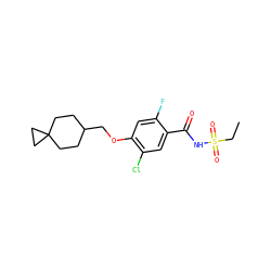 CCS(=O)(=O)NC(=O)c1cc(Cl)c(OCC2CCC3(CC2)CC3)cc1F ZINC000216247159