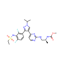 CCS(=O)(=O)Nc1c(F)ccc(-c2nn(C(C)C)cc2-c2ccnc(NC[C@H](C)NC(=O)OC)n2)c1F ZINC000148739623