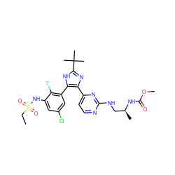 CCS(=O)(=O)Nc1cc(Cl)cc(-c2[nH]c(C(C)(C)C)nc2-c2ccnc(NC[C@H](C)NC(=O)OC)n2)c1F ZINC000169694668