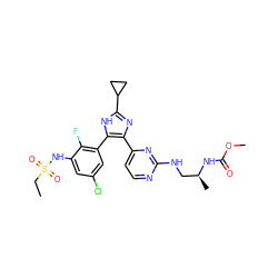 CCS(=O)(=O)Nc1cc(Cl)cc(-c2[nH]c(C3CC3)nc2-c2ccnc(NC[C@H](C)NC(=O)OC)n2)c1F ZINC000169694658