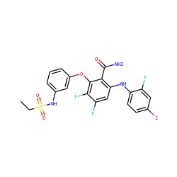 CCS(=O)(=O)Nc1cccc(Oc2c(F)c(F)cc(Nc3ccc(I)cc3F)c2C(N)=O)c1 ZINC000653785930