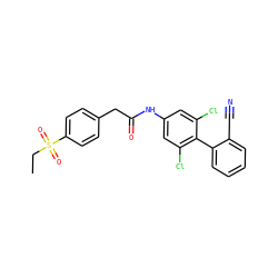 CCS(=O)(=O)c1ccc(CC(=O)Nc2cc(Cl)c(-c3ccccc3C#N)c(Cl)c2)cc1 ZINC000143095743