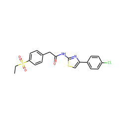 CCS(=O)(=O)c1ccc(CC(=O)Nc2nc(-c3ccc(Cl)cc3)cs2)cc1 ZINC000010253022