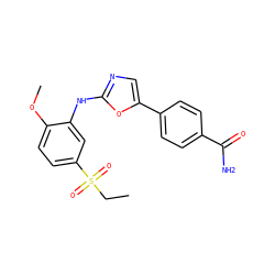CCS(=O)(=O)c1ccc(OC)c(Nc2ncc(-c3ccc(C(N)=O)cc3)o2)c1 ZINC000013611316