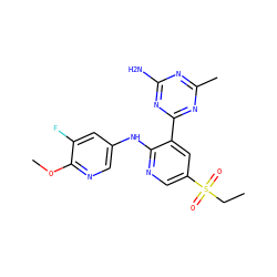 CCS(=O)(=O)c1cnc(Nc2cnc(OC)c(F)c2)c(-c2nc(C)nc(N)n2)c1 ZINC000113151833
