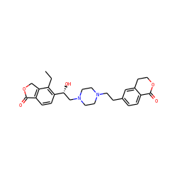 CCc1c([C@H](O)CN2CCN(CCc3ccc4c(c3)CCOC4=O)CC2)ccc2c1COC2=O ZINC000220561637