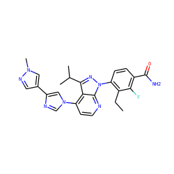 CCc1c(-n2nc(C(C)C)c3c(-n4cnc(-c5cnn(C)c5)c4)ccnc32)ccc(C(N)=O)c1F ZINC000169703533