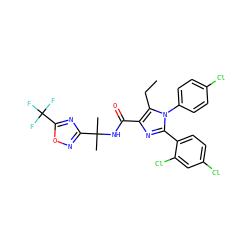 CCc1c(C(=O)NC(C)(C)c2noc(C(F)(F)F)n2)nc(-c2ccc(Cl)cc2Cl)n1-c1ccc(Cl)cc1 ZINC000072112262