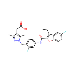 CCc1c(C(=O)Nc2ccc(Cn3nc(C)c(CC(=O)O)c3C)c(F)c2)oc2ccc(F)cc12 ZINC000169703210