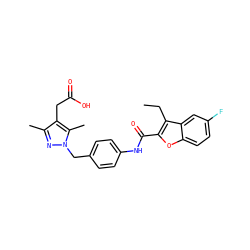 CCc1c(C(=O)Nc2ccc(Cn3nc(C)c(CC(=O)O)c3C)cc2)oc2ccc(F)cc12 ZINC000144852487