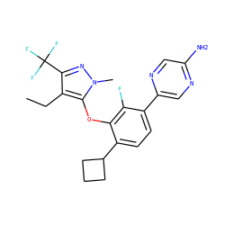 CCc1c(C(F)(F)F)nn(C)c1Oc1c(C2CCC2)ccc(-c2cnc(N)cn2)c1F ZINC000473180271
