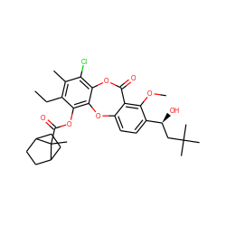 CCc1c(C)c(Cl)c2c(c1OC(=O)C1(C)C3CCC1CC3)Oc1ccc([C@@H](O)CC(C)(C)C)c(OC)c1C(=O)O2 ZINC000028463306