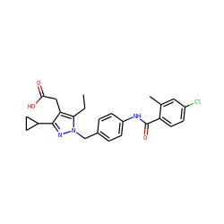 CCc1c(CC(=O)O)c(C2CC2)nn1Cc1ccc(NC(=O)c2ccc(Cl)cc2C)cc1 ZINC000168903526