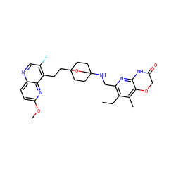 CCc1c(CNC23CCC(CCc4c(F)cnc5ccc(OC)nc45)(CC2)OC3)nc2c(c1C)OCC(=O)N2 ZINC000205819017