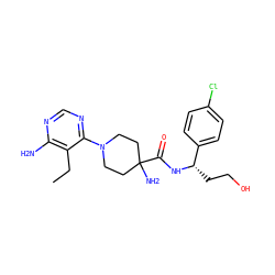 CCc1c(N)ncnc1N1CCC(N)(C(=O)N[C@@H](CCO)c2ccc(Cl)cc2)CC1 ZINC000219317477