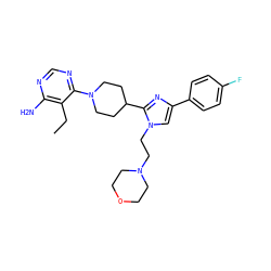 CCc1c(N)ncnc1N1CCC(c2nc(-c3ccc(F)cc3)cn2CCN2CCOCC2)CC1 ZINC001772581533