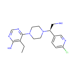 CCc1c(N)ncnc1N1CCN([C@@H](CN)c2ccc(Cl)nc2)CC1 ZINC000219040069