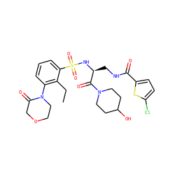 CCc1c(N2CCOCC2=O)cccc1S(=O)(=O)N[C@@H](CNC(=O)c1ccc(Cl)s1)C(=O)N1CCC(O)CC1 ZINC000103240197