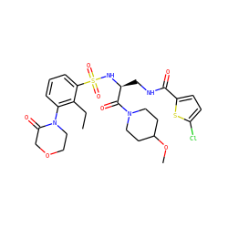 CCc1c(N2CCOCC2=O)cccc1S(=O)(=O)N[C@@H](CNC(=O)c1ccc(Cl)s1)C(=O)N1CCC(OC)CC1 ZINC000103240194