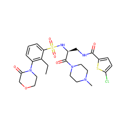 CCc1c(N2CCOCC2=O)cccc1S(=O)(=O)N[C@@H](CNC(=O)c1ccc(Cl)s1)C(=O)N1CCN(C)CC1 ZINC000103240188