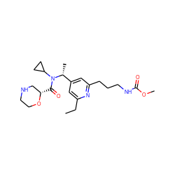 CCc1cc([C@@H](C)N(C(=O)[C@H]2CNCCO2)C2CC2)cc(CCCNC(=O)OC)n1 ZINC001772635729