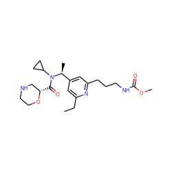 CCc1cc([C@H](C)N(C(=O)[C@H]2CNCCO2)C2CC2)cc(CCCNC(=O)OC)n1 ZINC001772618227