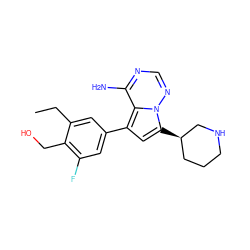CCc1cc(-c2cc([C@@H]3CCCNC3)n3ncnc(N)c23)cc(F)c1CO ZINC000224954978